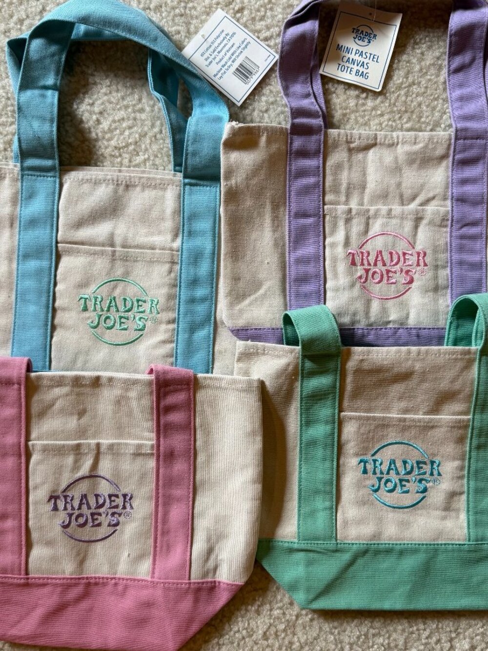 Trader Joe's Pastel Mini Canvas Tote Bags LIMITED EDITION Set of 4 NWT